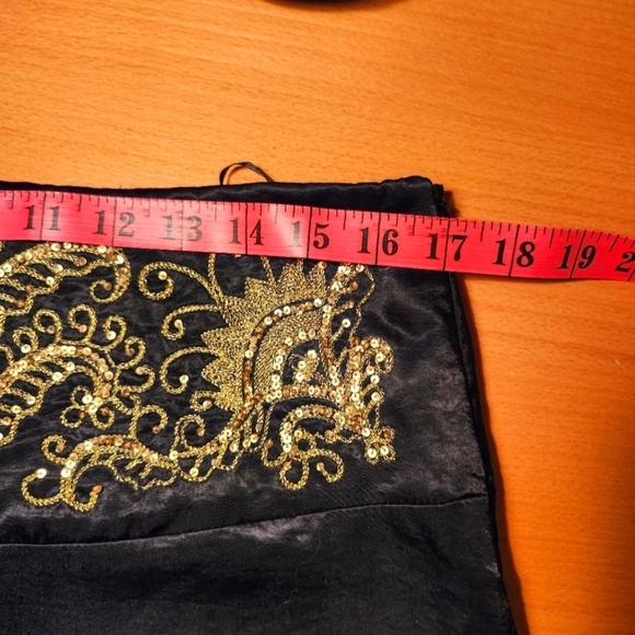 Le Chateau black satin maxi skirt with  gold embroidery at waist size 10… - Picture 5 of 13